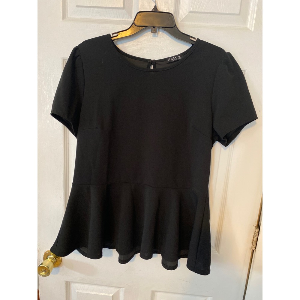 Julia by Love J Black Peplum Top Short Puff Sleeve Keyhole Back Blouse 1X